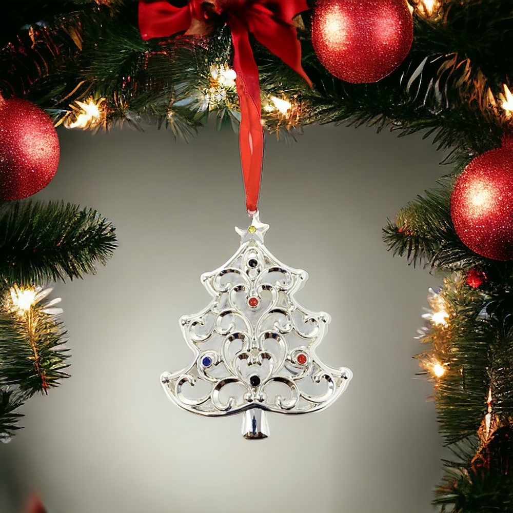 Lenox Silver-Plated Christmas Tree Multi Crystal Ornament New Sparkle & Scroll